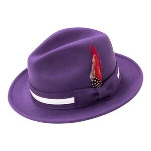 MONTIQUE MEN'S GRAPE FELT FEDORA WITH WHITE BAND AND RED FEATHER. H100